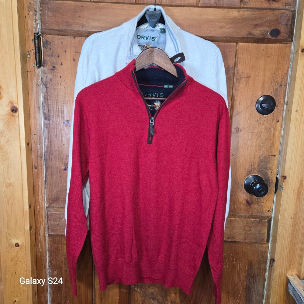 Orvis Mens Sweater Bundle Red Quarter Zip Cream Button‎ Neck Size M Lot of 2